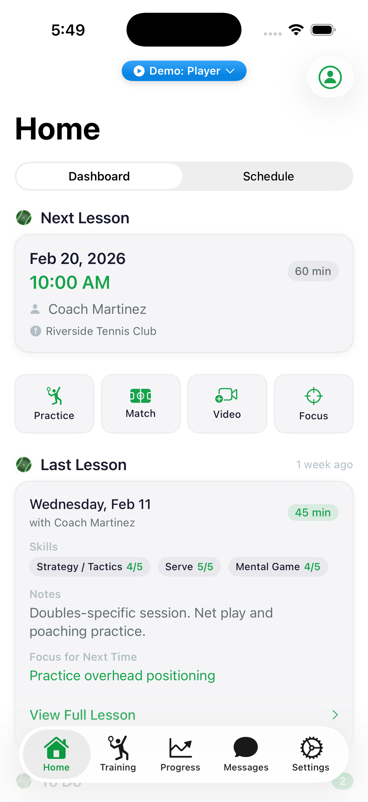 10sCoach Player Home showing lessons, skills, and next steps